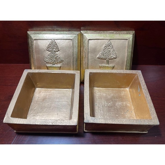 Set Of Heavy Stoneware Gold Trinket Boxes Decorative Topiary Tree On Each Lid - Picture 7 of 9